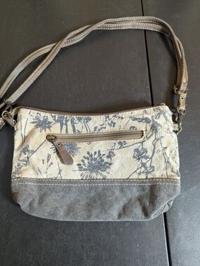 Canvas Floral Crossbody Bag in Beige and Gray